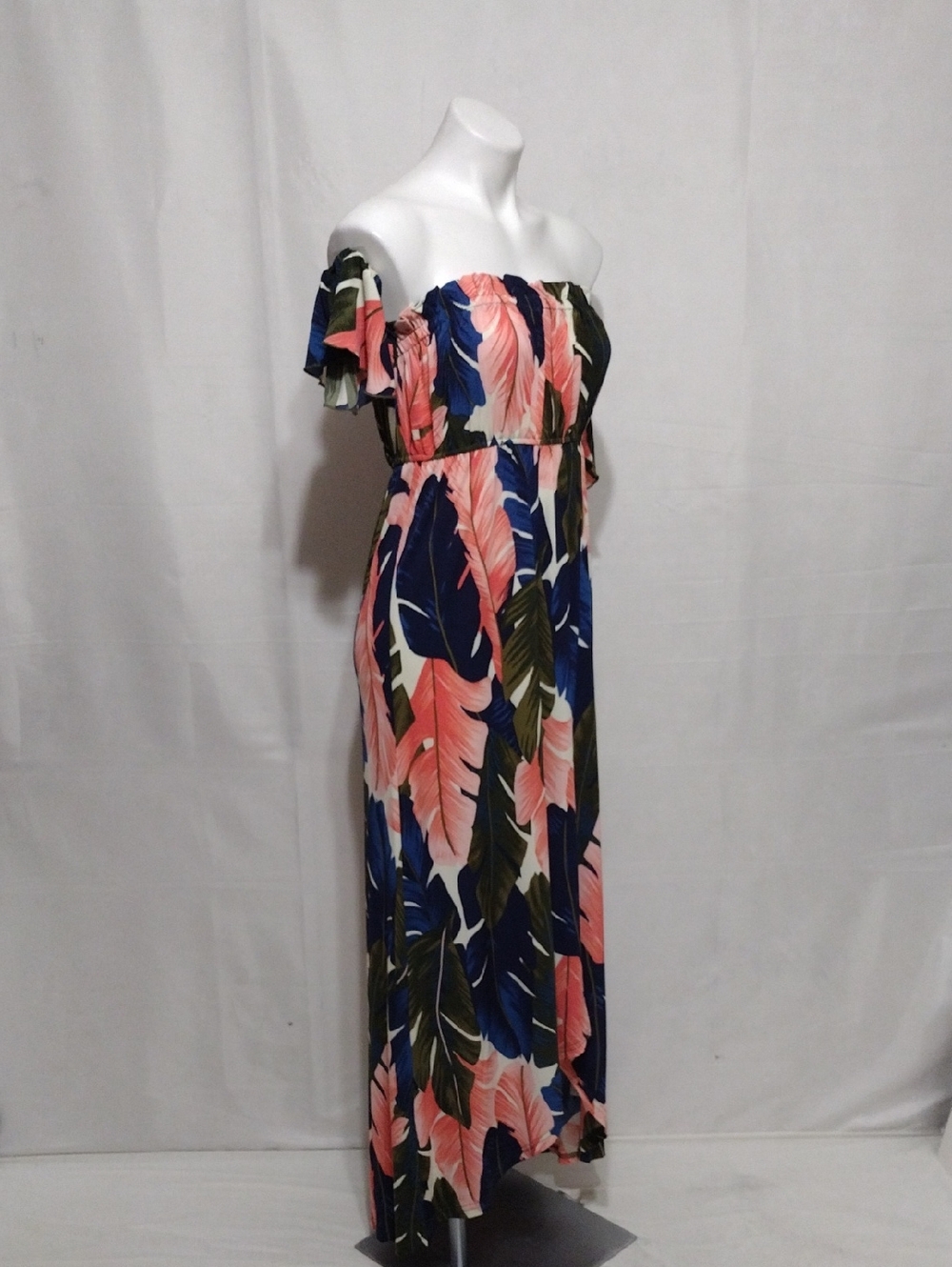 Venus Tropical Leaf Print Off Shoulder High Low Maxi Dress M Resort Vacation - Picture 8 of 16
